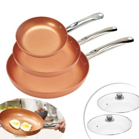 SET 3 SARTENES ANTIADHERENTES DE COBRE + 2 TAPAS DE CRISTAL 🎁